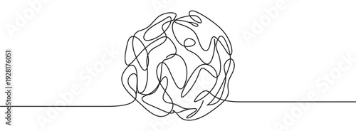 Continuous line drawing of a tangled knot represents a complex problem, chaos, and confusion, transitioning to order and clarity in a minimalist conceptual illustration