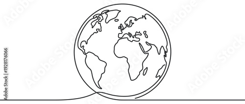Continuous single line drawing of planet Earth showing the world map in a minimalist black and white style, representing global connection and environmental concepts