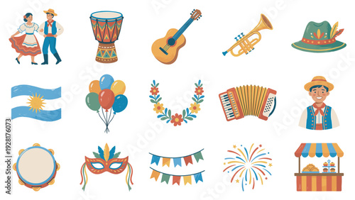 Vibrant collection of folk festival elements with people in traditional costumes, musical instruments, a national flag with a sun, a carnival mask, and party decorations
