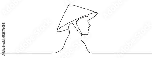 Minimalist black line art illustration of a person's profile wearing a conical hat, created with a single continuous stroke in a simple, elegant, and modern graphic design
