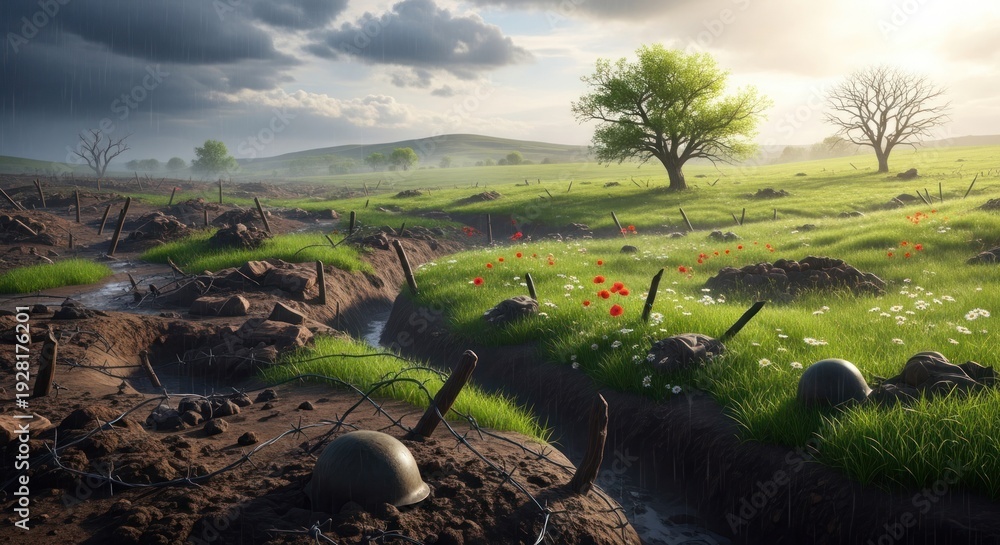 Fototapeta premium A serene, green landscape with a dirt path, a tree, and a small pond, with a lone figure in the distance.