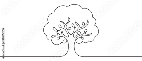 Single continuous line drawing of a tree with a lush, rounded crown and swirling branches, representing growth, nature, and minimalist ecological concepts in a simple sketch