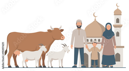 Traditional Muslim family with sacrificial animals, a cow and two goats, celebrates Eid al-Adha together in front of a mosque in a flat vector illustration style
