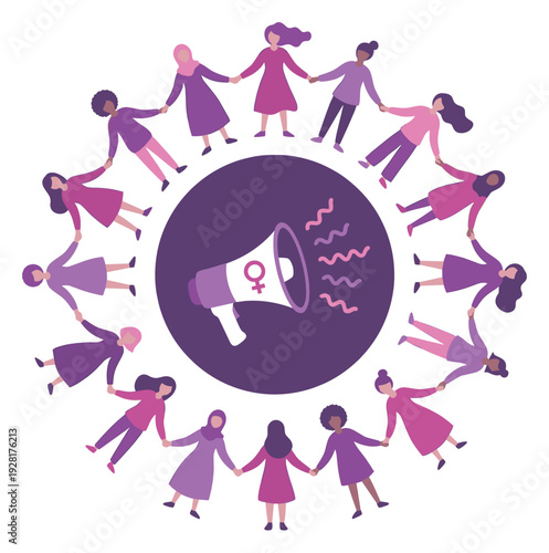 Diverse group of illustrated women holding hands in a circle of unity around a megaphone with the female gender symbol, representing sisterhood, empowerment, and feminist activism
