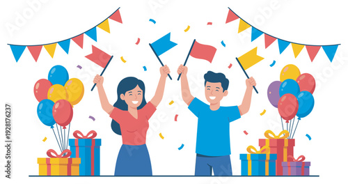Cheerful young couple waving colorful flags at a festive party with bright balloons, wrapped presents, and confetti falling around them in a joyful vector illustration