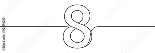 Continuous single line drawing of the number eight creates a minimalist and elegant symbol for infinity or a special date, rendered in a simple black and white graphic style