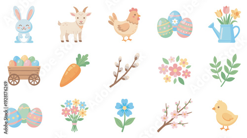 Cute collection of Easter and spring illustrations featuring a bunny, chick, goat, decorated eggs, flowers, and a carrot in a charming flat cartoon style for holiday designs