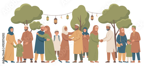 Large group of Muslim families celebrating together outdoors under trees and festive lanterns, with men, women, and children happily greeting, hugging, and shaking hands
