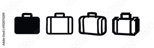 Collection of Flat Briefcase Icons with Solid, Outline, Hand-Drawn, and Pixel Styles, Front View