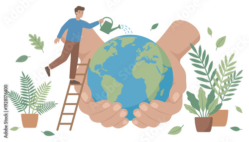 Young man watering the planet Earth with a watering can while standing on a ladder, a conceptual illustration about ecology, conservation, and protecting our world