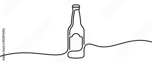 Beer bottle drawn with one single continuous black line in a minimalist art style, featuring a simple silhouette with a cap and a blank label for creative concepts