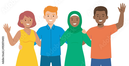 Diverse group of four friends standing together with arms around each other, smiling and waving in a welcoming illustration of community, inclusion, and togetherness