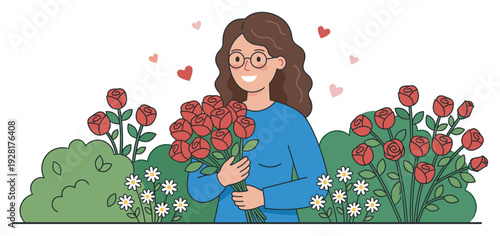 Happy cartoon woman with brown hair and glasses lovingly holds a large bouquet of red roses while standing in a garden with daisies and floating hearts