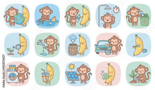 Set of cute cartoon environmental icons featuring a monkey and banana promoting sustainable living, recycling, saving water, and using renewable energy in a kawaii doodle style