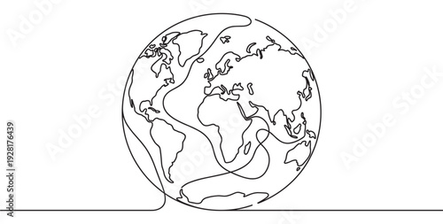 Continuous single line drawing of Earth shows the world map on a globe in a minimalist, modern, and abstract artistic style, symbolizing unity and connection