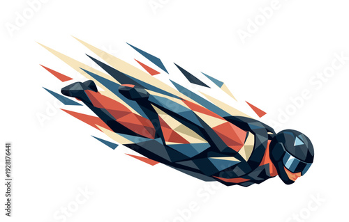 Low-poly vector illustration of a wingsuit flyer accelerating into a glide dive, dynamic diagonal composition with the body
