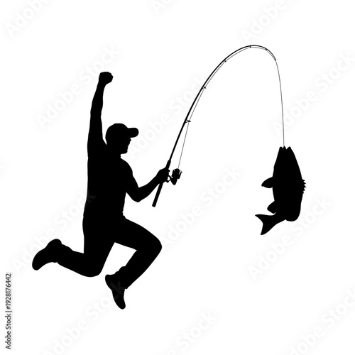 Silhouette of an excited fisherman celebrating a successful catch with a fish.