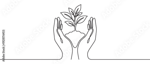 Continuous one line drawing of hands holding a small plant with soil, a minimalist black and white illustration symbolizing growth, care, nature, and environmental protection