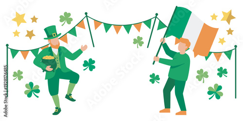 Festive cartoon leprechaun with a pot of gold and a man holding a green, white, and orange flag celebrate a traditional holiday with shamrocks and bunting