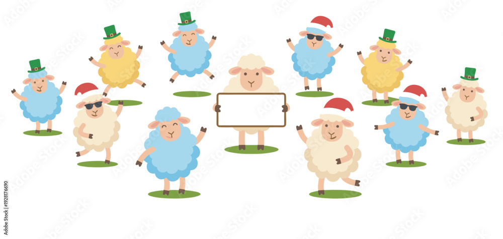 Fototapeta premium Collection of cute cartoon sheep celebrating Christmas and St. Patrick's Day, wearing festive hats, dancing, and holding a blank sign for a message in a cheerful illustration