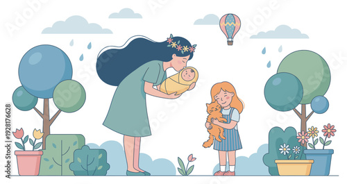 Heartwarming family illustration showing a mother with a flower crown kissing her newborn baby as her daughter happily cuddles a fluffy cat outdoors among trees and flowers