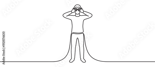Continuous single line drawing of a person standing and covering their eyes with hands in a minimalist black and white art style representing the concept of see no evil or denial