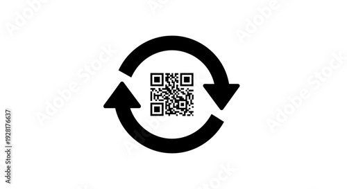 Black QR code with circular arrows.