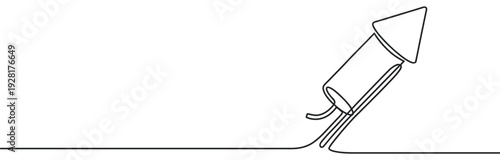 Firework rocket launching into the air drawn in a continuous single line style, this minimalist black and white illustration represents a startup, new beginnings, and celebration