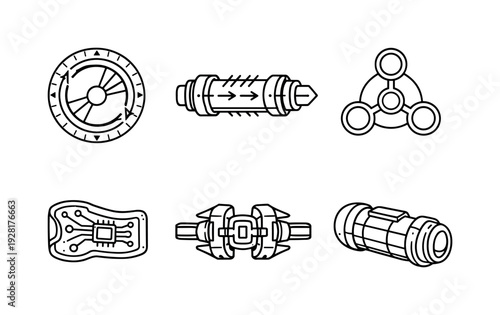 Energy Modules Icons. Line style icons of fast-cycle energy modules: cycle regulator disk, rapid-flow conduit, balancing hub,