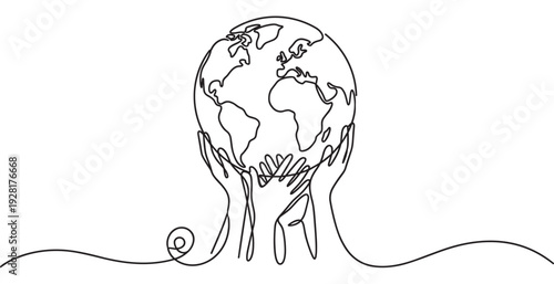 Hands holding the Earth globe in a continuous one line drawing style, a minimalist black and white illustration symbolizing global unity, environmental care, and community support
