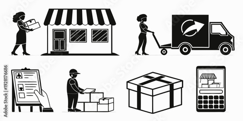 Illustration of various business and delivery icons representing commerce and logistics Vector