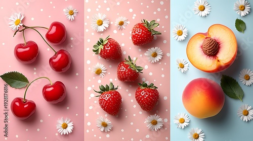 Wallpaper Mural Vibrant red cherries strawberries and a halved peach with white daisy flowers Torontodigital.ca