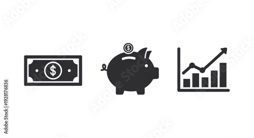 Investment growth concept: money, piggy bank, chart icon