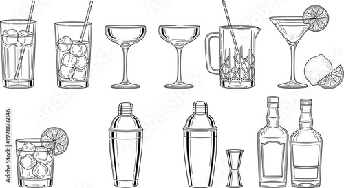 Cocktail bar glassware and tools vector illustration martini shaker bottles jigger drinks outline set isolated white background