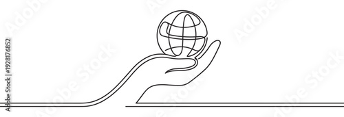 Continuous line drawing of a hand holding a stylized globe, a minimalist black and white illustration symbolizing environmental care, global unity, and conservation
