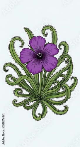Elegant Purple Flower with Curled Green Leaves Illustration.