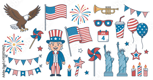 Collection of patriotic national symbols for the Fourth of July celebration featuring Uncle Sam, an eagle, flags, and fireworks in a festive cartoon illustration style