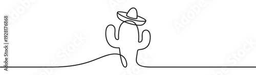 Continuous one line drawing of a cactus wearing a traditional sombrero hat, a minimalist black and white sketch with a simple, clean, and modern aesthetic in a wide panoramic format
