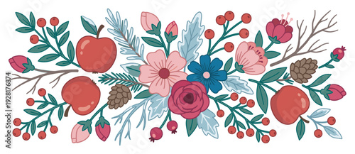 Decorative floral arrangement with apples and berries in a charming folk art style illustration featuring pine cones, colorful blossoms, and winter foliage for a festive seasonal design