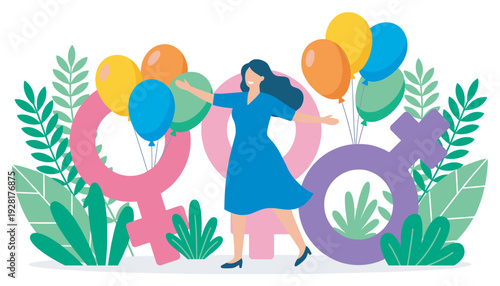 Colorful flat vector illustration of a happy woman in a blue dress celebrating with balloons between large female and male gender symbols surrounded by tropical leaves