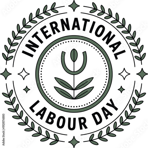 International labour day logo, wreath of leaves surrounding central flower emblem