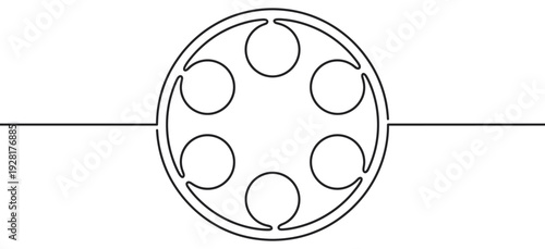 Classic movie film reel depicted in a minimalist continuous one-line drawing, a simple black and white icon for cinema, filmmaking, and video production entertainment