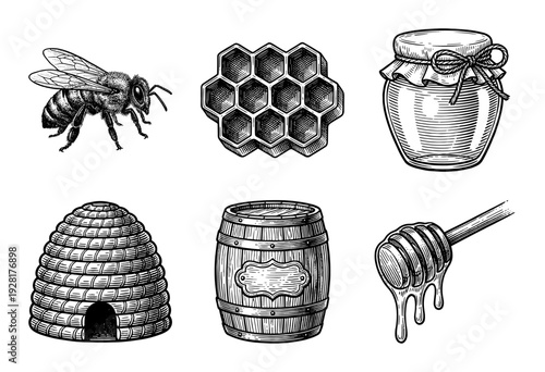 Vintage hand drawn engraving style honey and beekeeping icons set featuring bee honeycomb jar beehive barrel and dipper