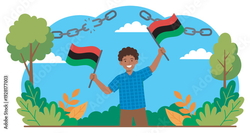 Joyful young Black man holding two Pan-African flags celebrates emancipation with a symbolic broken chain in a vibrant flat vector illustration