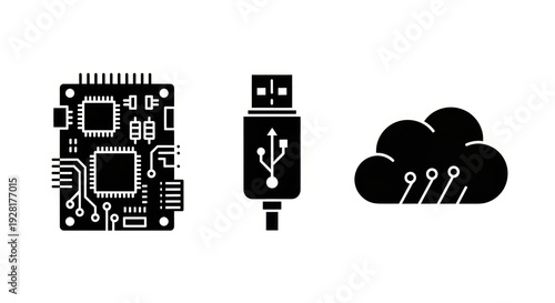 IoT Technology: Microcontroller, USB, Cloud Computing Icons