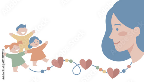 Charming flat illustration of a mother looking lovingly at her three happy children, connected by a symbolic line of hearts representing family love and a strong bond