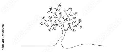 Stylized tree with swirling branches and clover-like leaves drawn in a continuous single black line, representing growth, nature, and connection in a minimalist artistic style