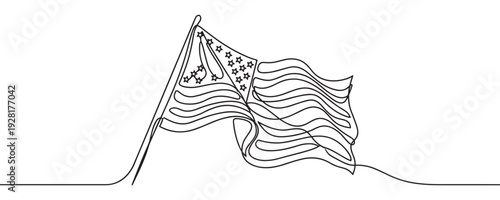 National flag with stars and stripes drawn in a single continuous black line, waving gracefully on its pole in a minimalist, modern, and patriotic artistic illustration