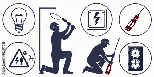 Illustrations of various safety and hazard symbols with a person performing different actions Vector