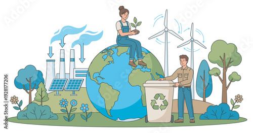 Colorful environmental concept illustration showing people caring for the planet with sustainable energy sources like wind turbines and solar panels